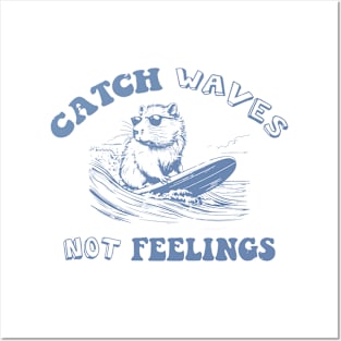 Catch Waves Not Feelings Vintage Retro 90s Capybara Surfing Posters and Art